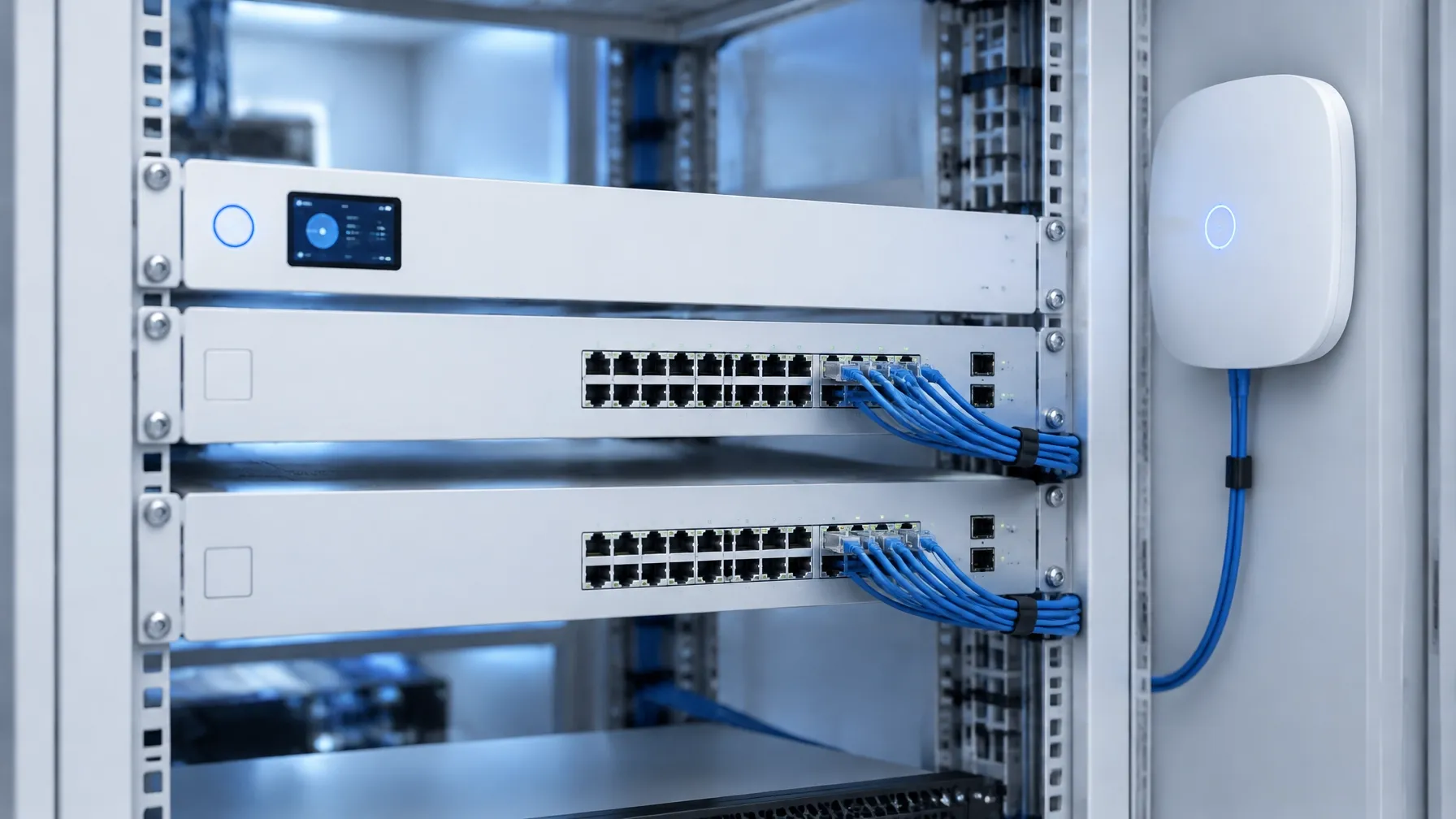UniFi cloud gateway and rack switches with neatly dressed blue patch cabling